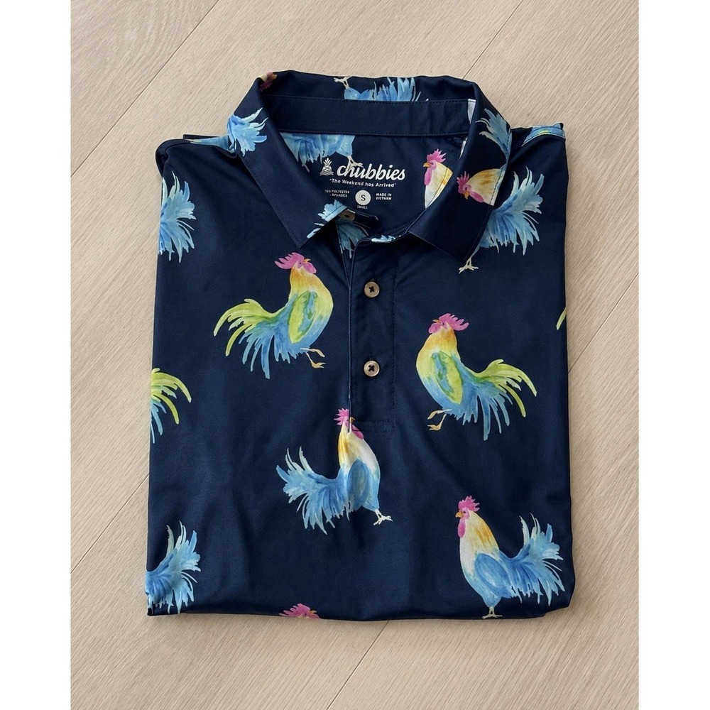 Chubbies Rooster Print Performance Polo Shirt Men's Small Navy Stretch Gol